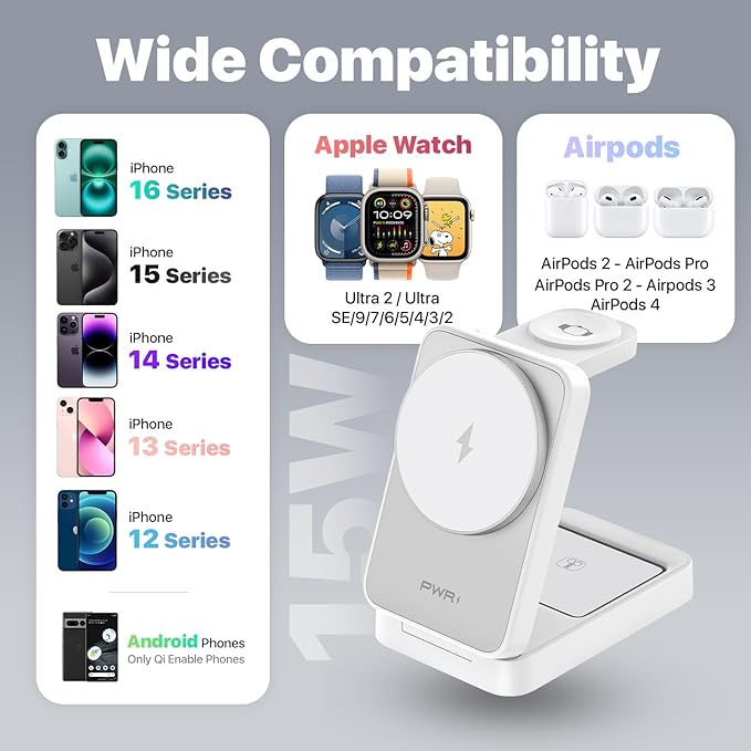 PWR Fold 2.0 4-in-1 Charging Station for Multiple Devices - Portable Wireless Charging Station Compatible with Apple Watch iPhone Samsung Airpods and Qi Wireless Devices (White)