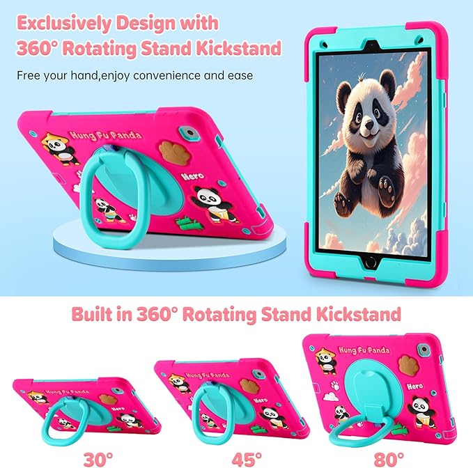 Case for iPad 9th/8th/7th GenerationCute 3D Cool Panda Warrior Design Cover with Screen Protector Rugged Protective Cartoon Case with Stand/Strap/Pen Slot for iPad 10.2 Kids Teens (Rose+Mint)