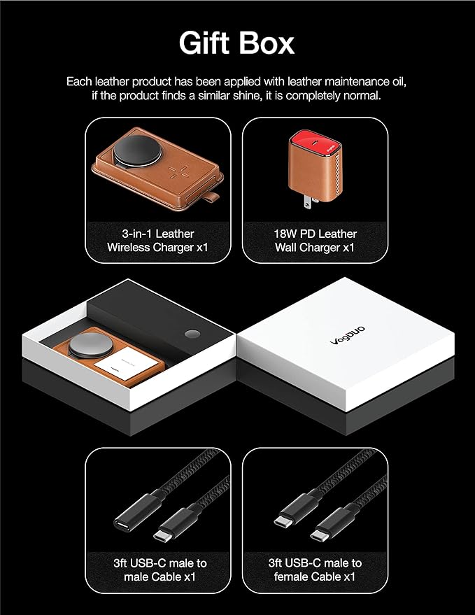 VogDUO 3 in 1 Wireless Magnetic Charging Stand - 15W Charger Dock Station with Genuine Leather 6ft Extension Cables Switchable Nightlight for iPhone AirPods Apple Watch (Tan)