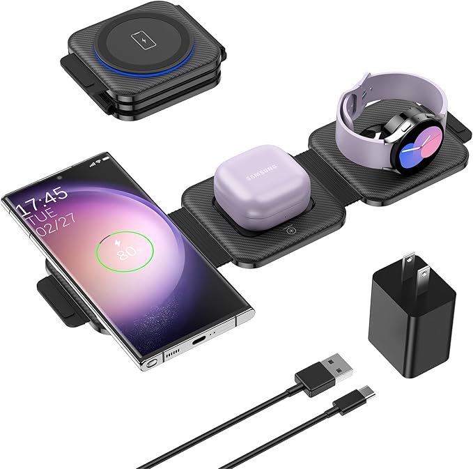 Travel Charger for Samsung Multi Devices Foldable 3 in 1 Wireless Charging Station Fast Charging Stand/Pad Compatible for Samsung Galaxy S25/S24/S23/Note20 GalaxyWatch8/7/6 Galaxy Buds4