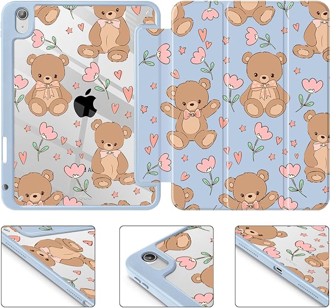 May Chen for iPad Air 11-inch M4/M3/M2 (2026/2025/2024) iPad Air 5th/4th 10.9 Inch - Shockproof Cover with Clear Back Shell &amp Penceil Holder Auto Wake/Sleep Stand Cover Cute Teddy Bear