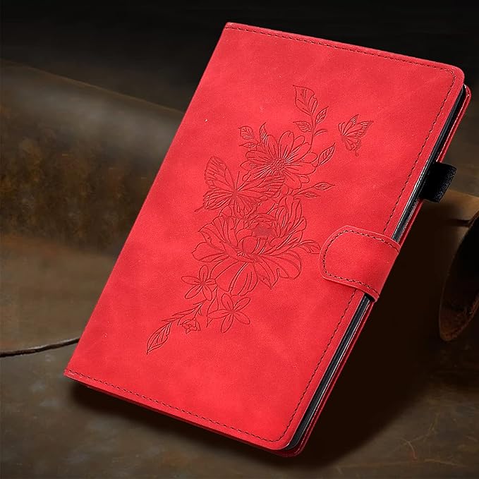 Folio Case for Amazon Kindle Fire HD 8/Fire HD 8 Plus (12th/10th Generation 2024/2022/2020) 8 with Stand/Pencil Holder [Auto Sleep/Wake] Embossed PU Leather Smart Cover Red Butterfly Flower