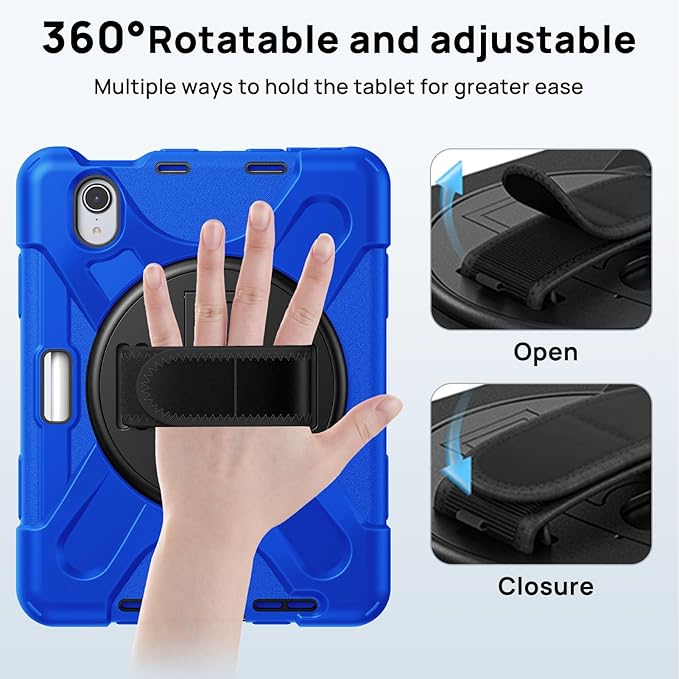 Gerutek Case for iPad mini 7 (A17 Pro) 2024/Mini 6 2021 8.3 inch Shockproof Cover for iPad mini 7/6th Generation with Screen Protector 360° Rotating Stand Hand/Shoulder Strap Pencil Holder Blue
