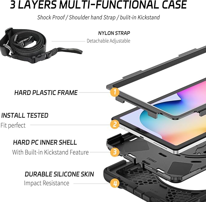 ZenRich Samsung Galaxy Tab S6 Lite Case 2024/2022/2020(SM-P620/P625/P610/P613/P615/P619) with [S Pen Holder] Shockproof Rugged Case with [Stand] [Hand Strap] [Shoulder Belt] Black