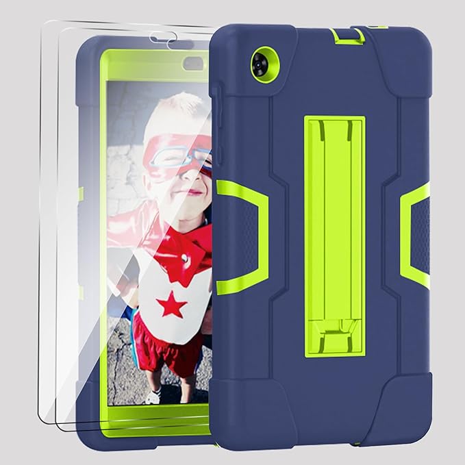 Case for for Alcatel Joy Tab 2 Tablet 8-inch 2020 Release (Model: 9032Z) - [Built-in Kickstand] Shockproof Silicone Protective Cover with Screen Protector (Navy Blue/Green/2 PCS)