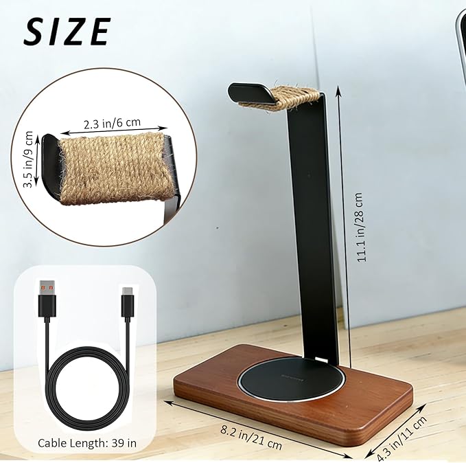 Handmade Solid Wood 2-in-1 Headset Stand with Wireless Charger 15W Max FastWireless Charging Dock Compatible with iPhone 17/16/15/14 /Samsung SeriesUniversal Holder for All Desk Headphones