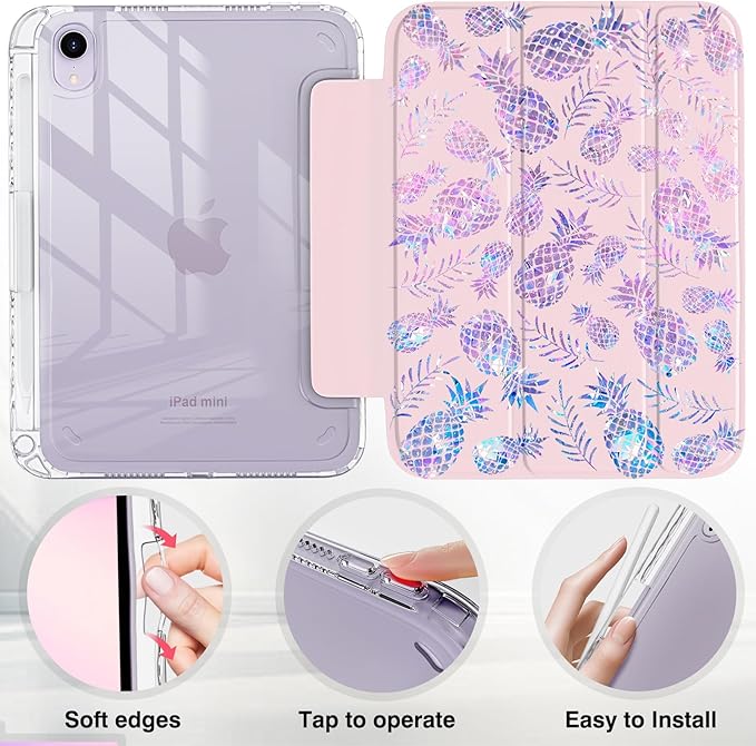 Pink iPad mini 6/7 Case for Girls – Kawaii Cartoon Pineapple Design with Pencil Holder Matching Stickers Tri-Fold Stand Auto Sleep/Wake (Geometric Pineapple)