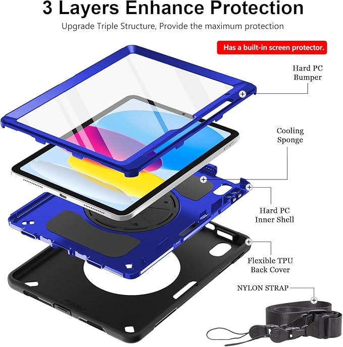 Case for iPad (A16) 11th/10th Generation Case: Protective Cover for iPad 11th Gen 11 Inch 2025 &amp10th Gen 10.9 2022 with Screen Protector- Stand- Shoulder Strap- Handle- Pencil Holder-Blue+Black