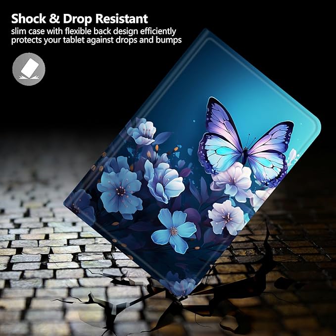 DIGTIALLL Case for Amazon Kindle Fire 7 Tablet Case (12th Gen 2022 Release) PU Leather Smart Protective Cover with Auto Sleep/WakeBlue Butterfly Flowers