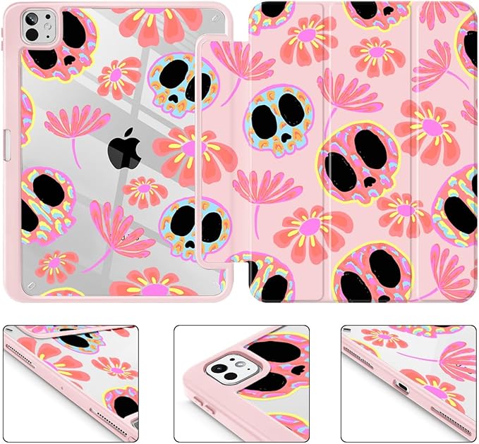 Mektron Case for M5/ M4 iPad Pro 11 inch 2025/2024 with Pencil Holder Compatible Models: A3357/A3358/A3359/A2836/A2837/A3006 Shockproof Cover Clear Shell Skull &amp Flowers Pink