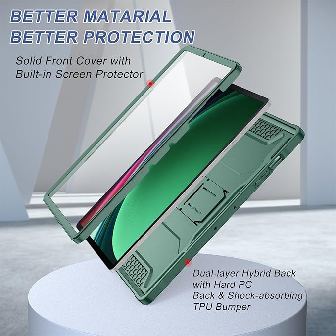 Soke Case for Samsung Galaxy Tab S9 Plus/S9 FE+ 2023 with Built-in Screen Protector &amp Kickstand Rugged Full Body Protective Cover for Galaxy Tablet 12.4 InchMidnight Green