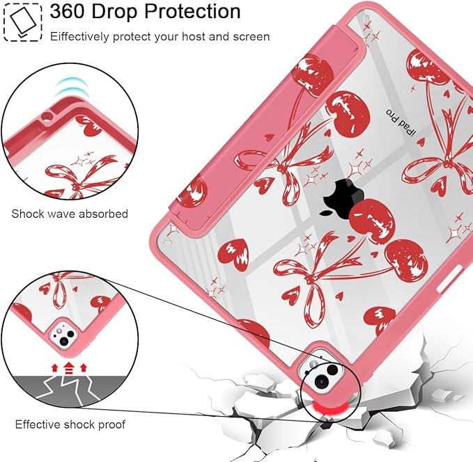 Mektron Case for M5/ M4 iPad Pro 11 inch 2025/2024 with Pencil Holder Compatible Models: A3357/A3358/A3359/A2836/A2837/A3006 Shockproof Cover Clear Shell Cherries Bows C388