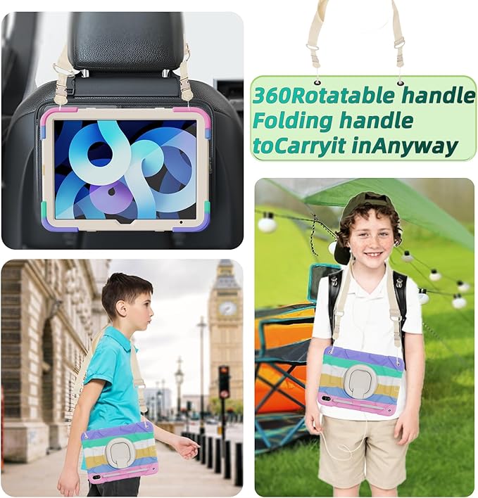case for iPad (A16) 11th Generation 11 Inch (2025)iPad 10th Generation 10.9 Inch(2022)with[Tempered Glass Screen Protector] [Pencil Holder] 360° Rotating Handle Stand (Rainbow)