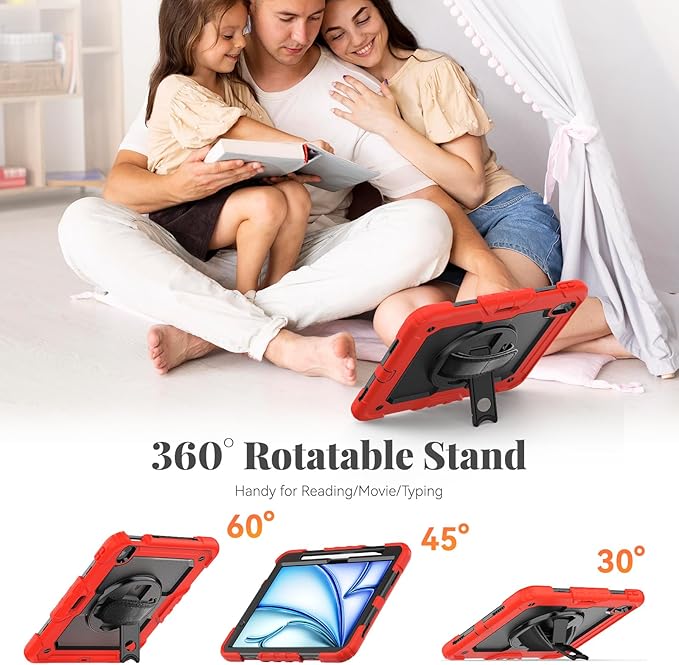 BLOSOMEET Construction Case for iPad Air 11 Inch 2025 M3 &amp 2024 M2 with Tempered Glass Screen Protector &amp Shoulder StrapProtective Cover with Stand Pencil Holder Hand Strap (Red)