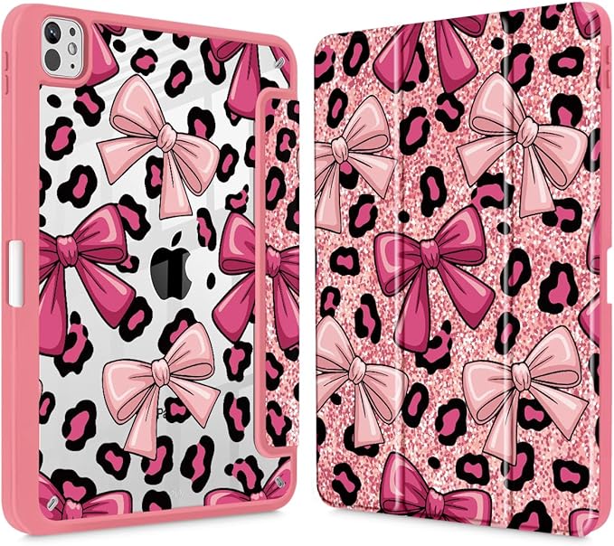Tuiklol for iPad Pro 11 Inch (M5 2025 / M4 2024) Case Buit-in Pencil Holder with Slim Clear Back Cover Protection Trifold Stand-Auto Wake/Sleep Tablet Case Black Flower Leopard Print Bow