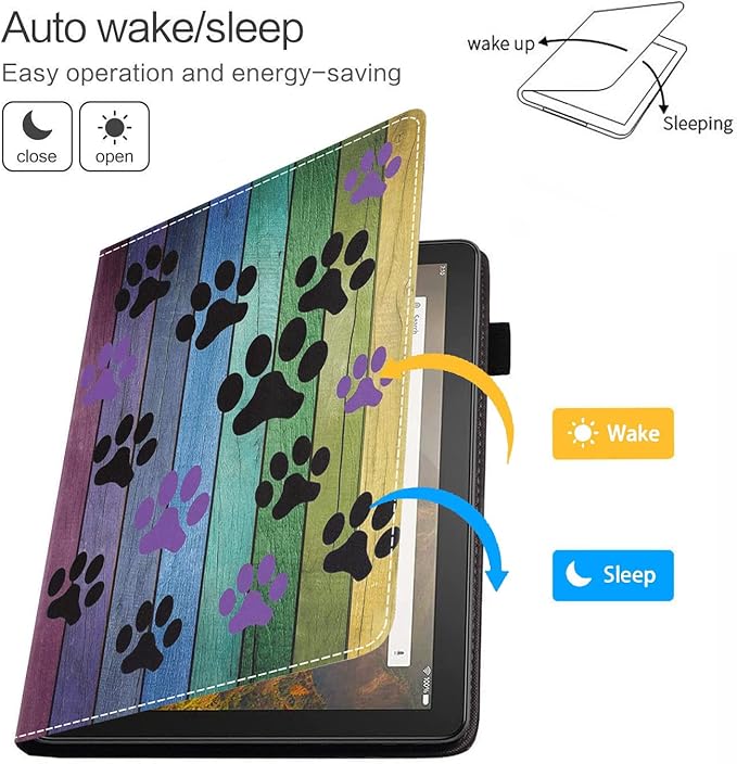 Case for Kindle Fire HD 10/Fire HD 10 Plus Tablet (11th Generation 2021 Release) Premium PU Leather Cover with Card Slot &amp Pencil Holder Rustic Rainbow Woodgrain Dog Paw Print