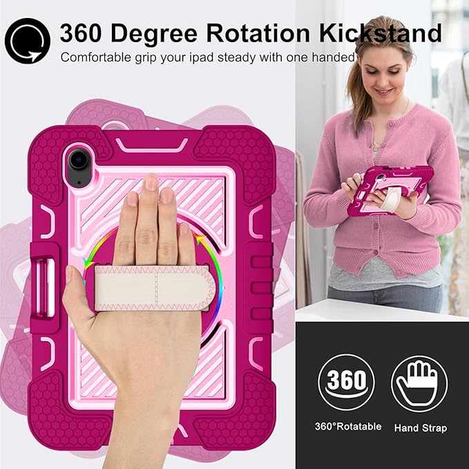 Shockproof Case for iPad mini 2024 (A17 Pro) iPad mini 6 2021 Cover with Shoulder Strap Techcircle Heavy Duty Rotating Kickstand Hand Strap Rugged Protective Case w/Pencil Holder Rose+Pink