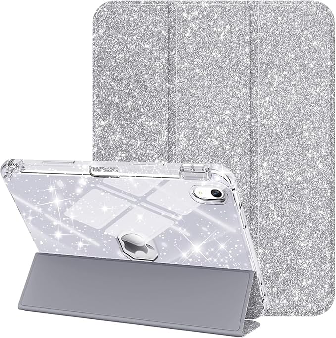 Case for iPad (A16) 11th Generation 11 inch 2025 &amp iPad 10th Generation 10.9 inch 2022 with Stand/Pencil Holder [Auto Wake/Sleep] Glitter Bling PU Leather &amp Clear Soft TPU Back Shell Silver