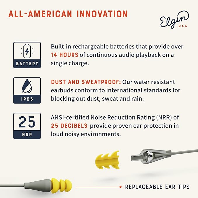 Elgin Discord Gen 2 Bluetooth Earplug Earbuds OSHA Compliant Noise-Isolating Safety Wireless Headphones All-Weather Earphones for Industrial Work and High-Noise Environments