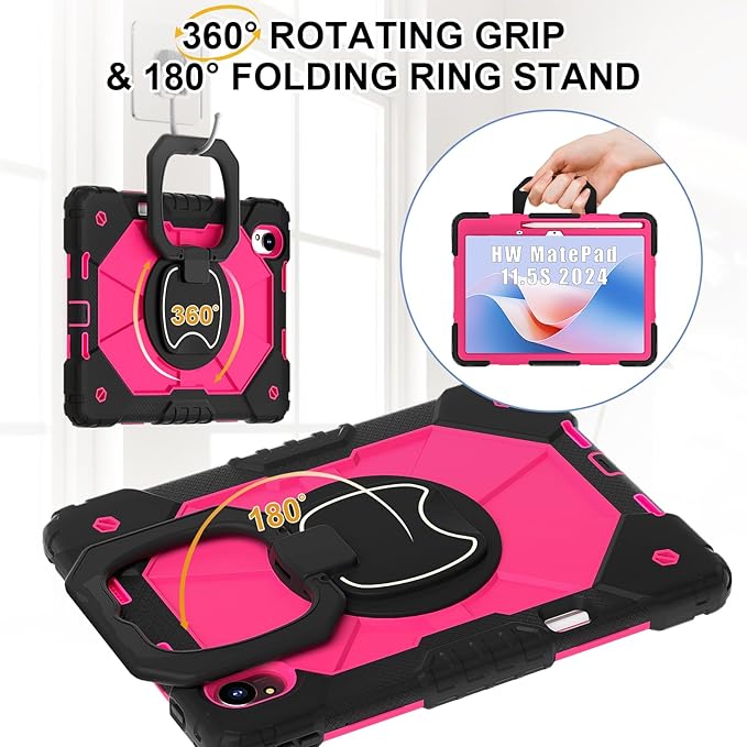 Shoulder Strap Tablet Case for Huawei MatePad 11.5 S/11.5 inch TGR-W09 Heavy Duty Shockproof Protective Cover with Kickstand Handle Shoulder Strap for Kids Women Man Black Rose Red