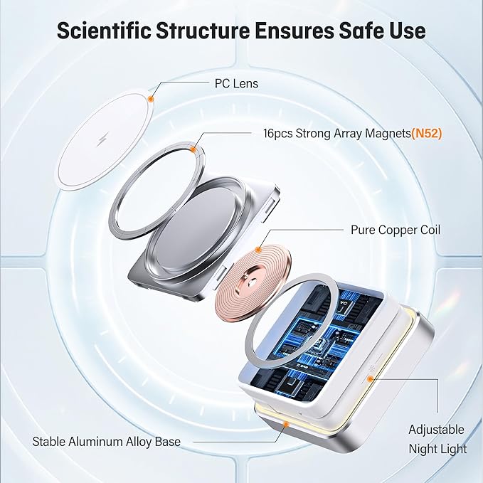 【2026 Upgraded】Wireless Charger 3 in 1 Foldable Wireless Charging Station with Light for Apple MagSafe Charger Travel Magnetic Charger for iPhone 17/16/15/14/13/12 Apple Watch AirPods (20W Adapter)