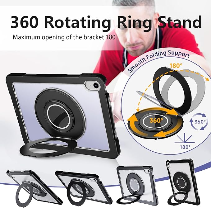 Case for iPad (A16) 11th /10th Generation 11 Inch 2025/10.9 inch 2022with Screen Protector360 Rotating Metal StandClear BackHeavy Duty Shockproof for Kids Case Black