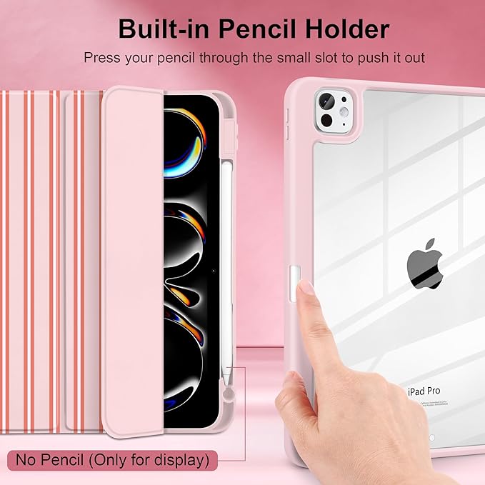 Case for iPad Pro 11 Inch (M5 2025 M4 2024) – [Built-in Pencil Holder] Shockproof &amp Stylish Clear Hard Back + Soft TPU Edge Magnetic Trifold Stand Auto Wake/Sleep Pink Stripes