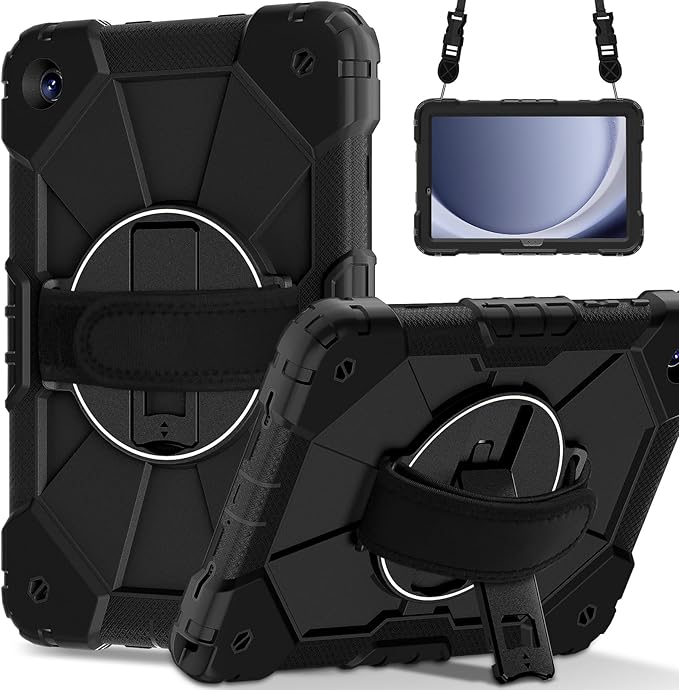 Case for Samsung Galaxy Tab A9 Plus(X210/X216/X218)/A11+ 11 Inch 2025 (X230/X236B) Heavy Duty Shockproof Rugged 360 Rotating Hand Strap Protective Case for Tab A11 PlusBlack+Black