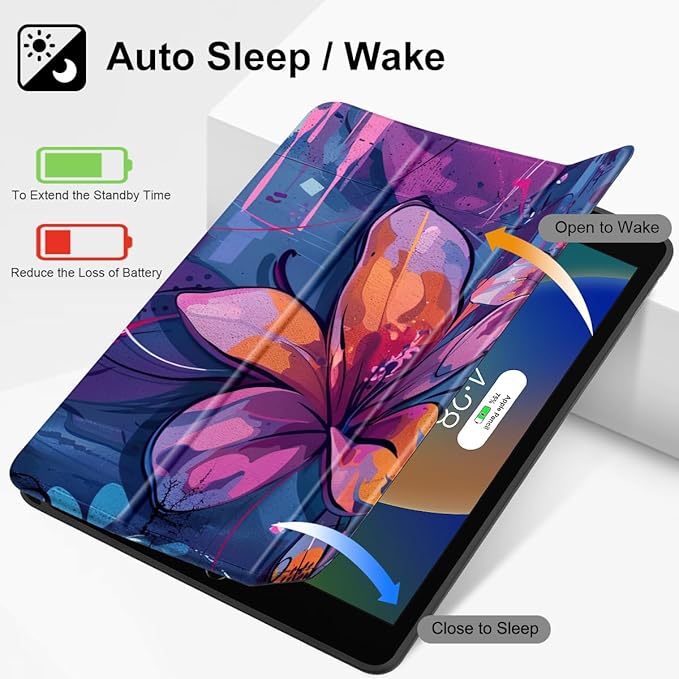 Mektron Designed Printed iPad 10.2 Case 9th Gen (2021)/ 8th Gen (2020)/ 7th Gen (2019) with Pencil Holder Slim Stand Protective Case with Soft TPU Back for iPad 10.2 Inch Graffiti Flower