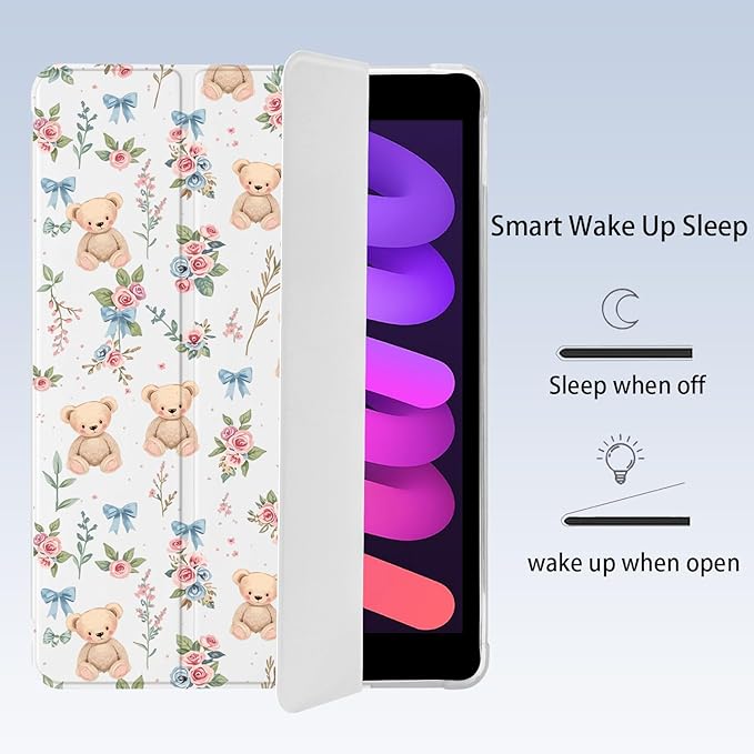 Cute Kawaii Bear Flower Bow for iPad mini 7 A17 Pro 2024/iPad Mini 6 Case with Pencil Holder Auto Sleep/Wake White Leather Soft TPU Back Cover