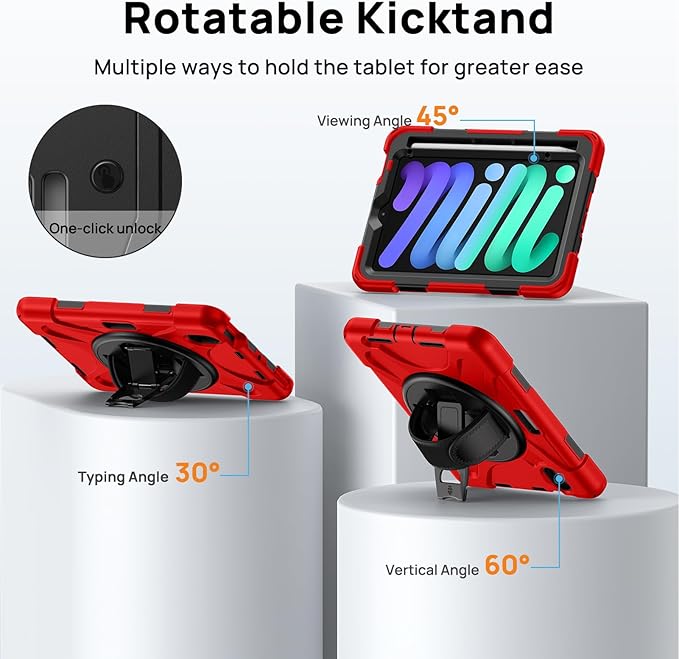 Gerutek Case for iPad mini 7 (A17 Pro) 2024/Mini 6 2021 8.3 inch Shockproof Cover for iPad mini 7/6th Generation with Screen Protector 360° Rotating Stand Hand/Shoulder Strap Pencil Holder Red
