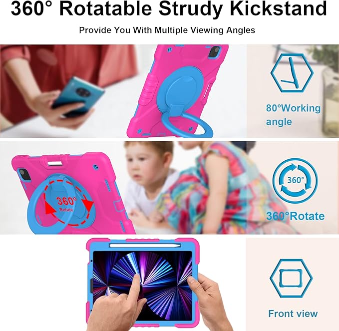 Case for iPad Pro 11 Inch 4th 2022/3rd 2021/2nd 2020/1st Gen 2018 iPad Air 10.9 Inch 2022/2020 5th/4th Generation Case with Pencil Holder/360° Rotating Handle Stand Pink+Blue
