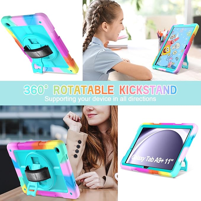AVAWO Case for Samsung Galaxy Tab A9+ Plus 11 inch 2023 with 360° Swivel Handle Strap Cover with Lanyard Colorful Teal