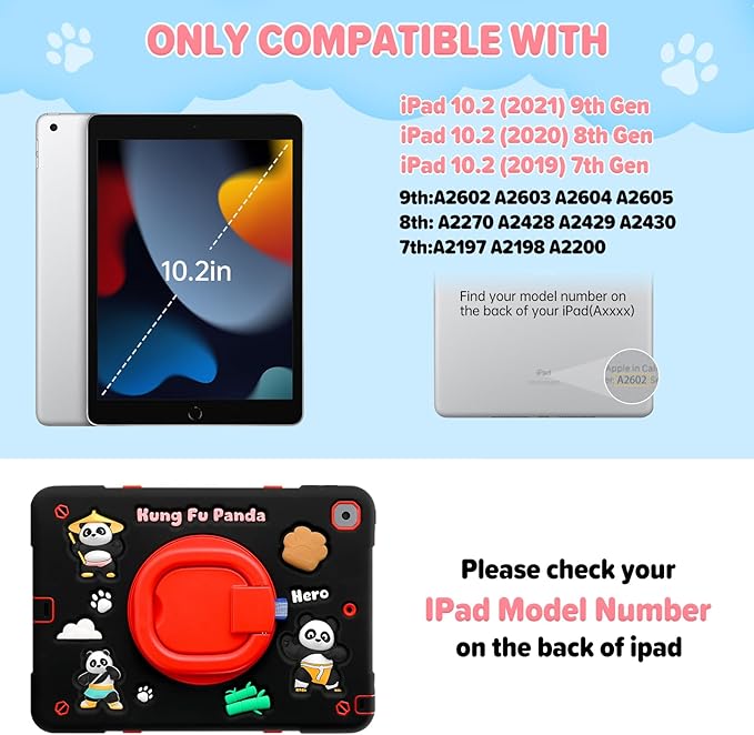 Case for iPad 9th/8th/7th GenerationCute 3D Cool Panda Warrior Design Cover with Screen Protector Rugged Protective Cartoon Case with Stand/Strap/Pen Slot for iPad 10.2 Kids Teens (Black+Red)