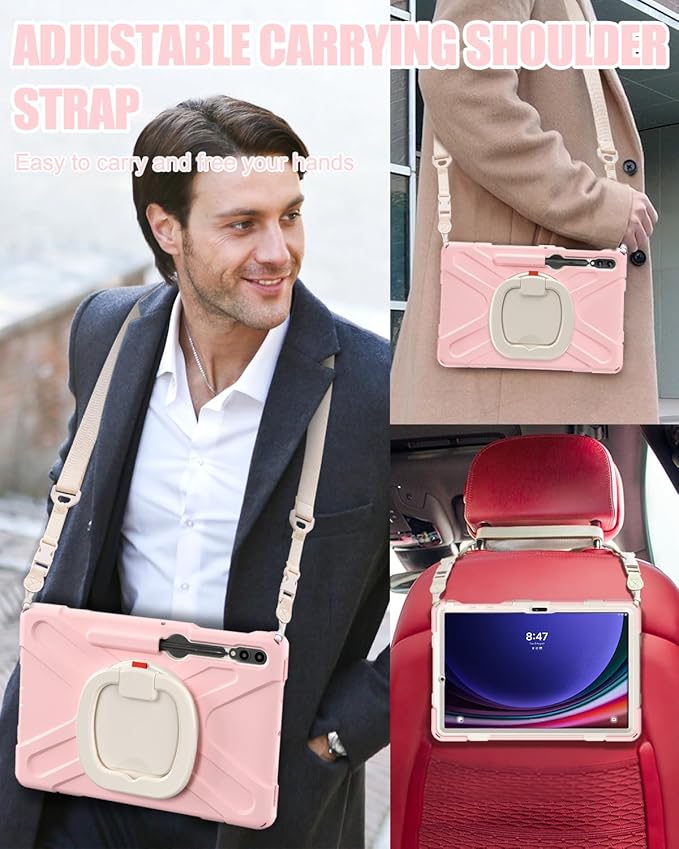 BRAECN Case for Samsung Galaxy Tab S10+/S9 FE+/S9+ 12.4” 2024 Rugged Silicone Cover with Shoulder Strap/S Pen Holder/Screen Protector/Kickstand/Handle Grip for Tab S9+/S8+/S7 FE/S7+ Sakura Pink