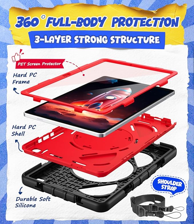 Grifobes Case for Samsung Galaxy Tab A11+ / A9+ Plus 11 inch 2026/2024 Full Body Protection with Screen Protector/Rotating Stand Hand/Shoulder Strap for 11” Tablet Cover Black+Red