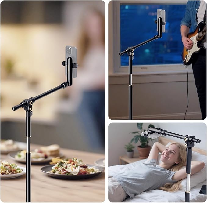 NEEWER BASICS Phone Floor Stand with Horizontal Extension Arm Adjustable Bed Phone Holder Clamp Mount Compatible with iPhone 16 15 Pro Max Plus Samsung for Video Recording Weighted Metal Base ST009