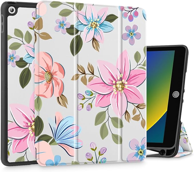 Tuiklol Case for iPad 10.2 Inch 2021 2020 2018 Release 9th / 8th / 7th Generation Built-in Pencil Holder TPU Protective Stand Back Cover Trifold Stand-Auto Wake/Sleep Tones Flowers
