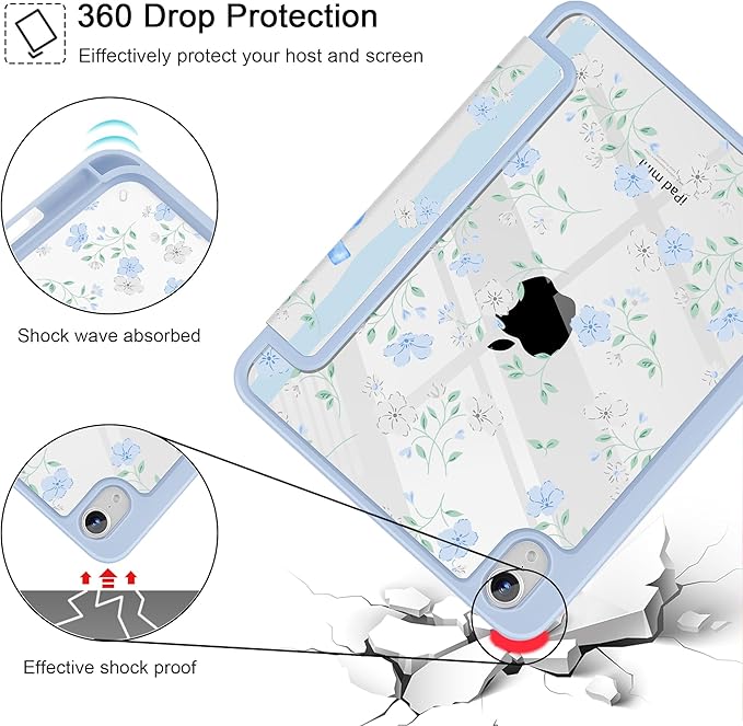 May Chen Slim Case for iPad mini 7 (A17 Pro 7th Generation) 2024 / iPad mini 6 (6th Gen) 8.3 Inch [Built-in Pencil Holder] Shockproof Cover Clear Clear Back Shell Auto Wake/Sleep Flower Blue Waves