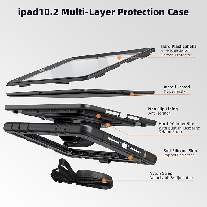 Case for iPad 9th/8th/7th Generation-Built-in Screen Protectorwith Pencil Holder&amp360°Rotating Hand StrapShoulder StrapCase for iPad 10.2 inch 2021-2019(Black)