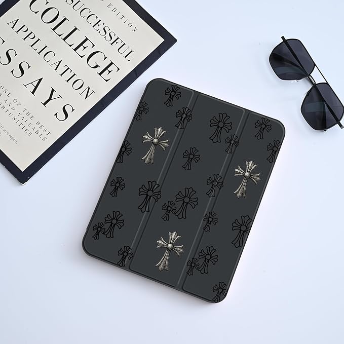 Y2k Printed Case for iPad Air 13 (M3) 2025/ (M2) 2024 Metal Gothic Cross Clear Hard Back Hybrid Casewith Pencil Holder Trifold Stand Slim Tablet Cover for Girls Women