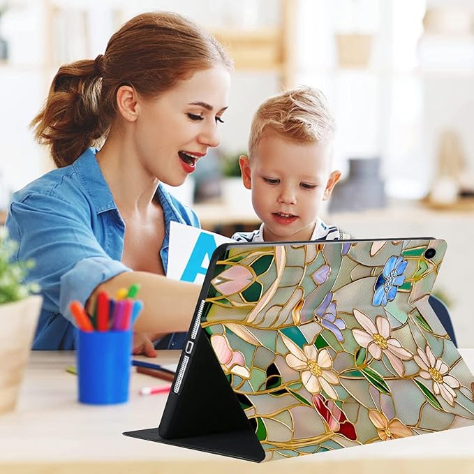 Compatible with iPad Air 13 inch Case (M3 2025 /M2 2024)/12.9 inch Case (6th/5th/4th/3rd 2022/2021/2020/2018) with Pencil HolderAuto Wake/Sleep Protect CoverVintage Stained Glass Flowers