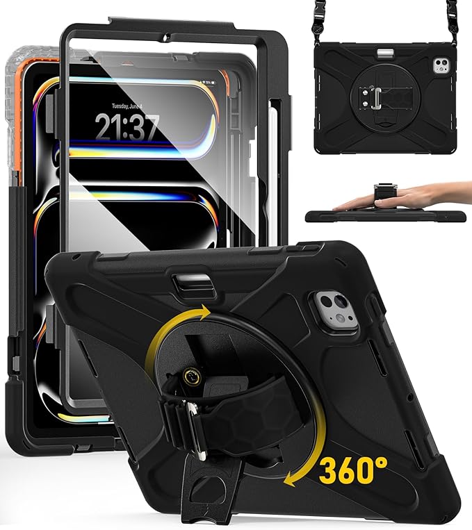 BRAECN Case for iPad Pro 11 inch M5 2025 &amp M4 2024 4 Layers Heavy Duty Full-Body Protection Screen Protector Pencil Holder 360° Rotating Handle Kickstand Shoulder Strap Kids Friendly