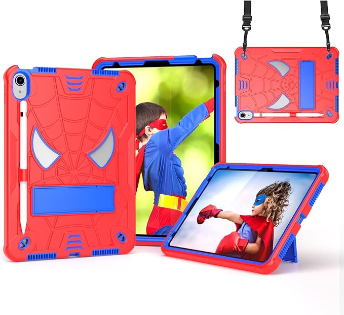 Dteck for iPad A16 Kids Case BoysCute Cartoon Spider Child Friendly Hard Kickstand Cover with Pencil Holder Shoulder Strap Shockproof Rugged Protective 10.9 10 Gen Cool CaseRed/Blue