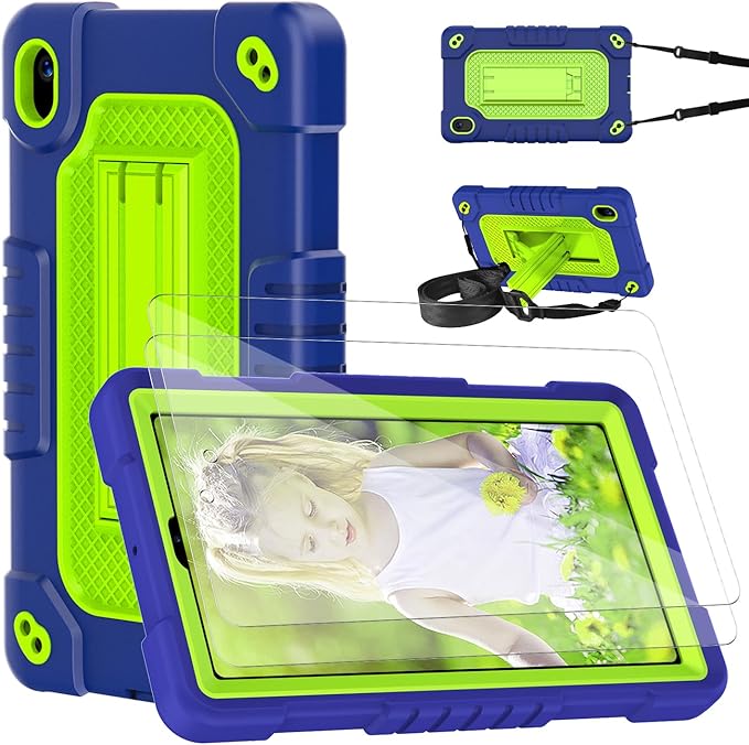 Shockproof Case for Walmart Onn 7 inch Tablet Case (2024 Model 100135924) Rugged Kids Friendly Case with Screen Protector Shoulder Strap Kickstand for Onn 7 4th Gen 2024 Model (Navygreen+2Pcs)