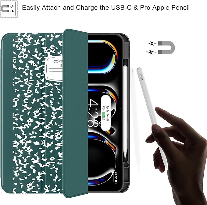 Soke Case for New iPad Pro 13 Inch (M5/M4 2025/2024 Release) with Pencil Holder Trifold Stand Shockproof [Support Apple Pencil Charging + Auto Wake/Sleep] Soft TPU Back Cover Book Teal