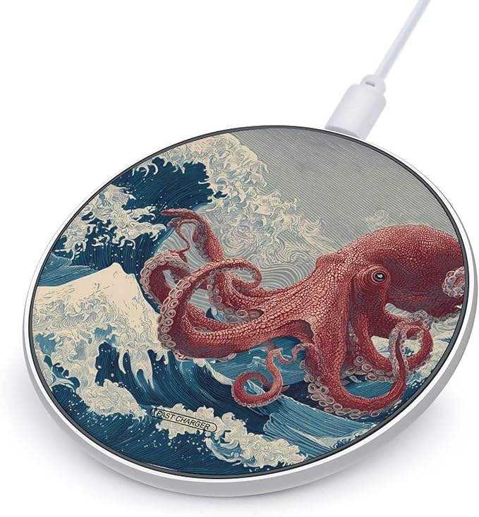 Huge Octopuss Ocean Waves Fast Portable Charger 10W Funny Graphic Phone Charging Pad with USB Cable