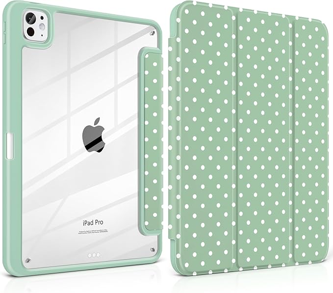 Case for iPad Pro 11 Inch (M5 2025 M4 2024) – [Built-in Pencil Holder] Shockproof &amp Stylish Clear Hard Back + Soft TPU Edge Magnetic Trifold Stand Auto Wake/Sleep Green White dot