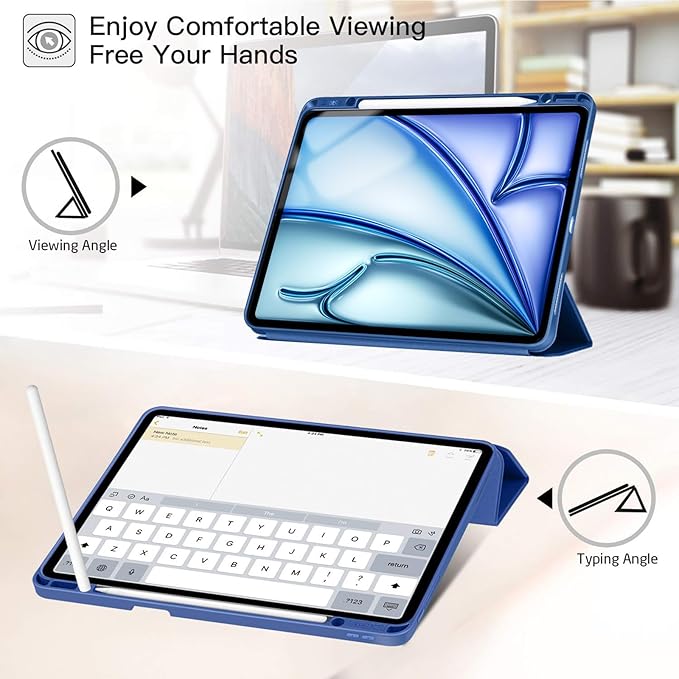 ZtotopCases for iPad Pro 12.9 3rd Generation 2018 /iPad Air 13 Inch 2024/2025 Case with Pencil Holder Lightweight Slim Soft TPU Back Trifold Smart Cover with Auto Sleep/Wake Blue