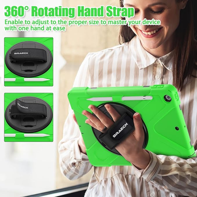 BRAECNstock for Apple iPad 9th/ 8th/ 7th Generation Case 10.2 2021/2020/2019 Shockproof Protective iPad 10.2 Kids Case with Screen Protector Pencil Holder Rotating Stand+Hand Strap Green